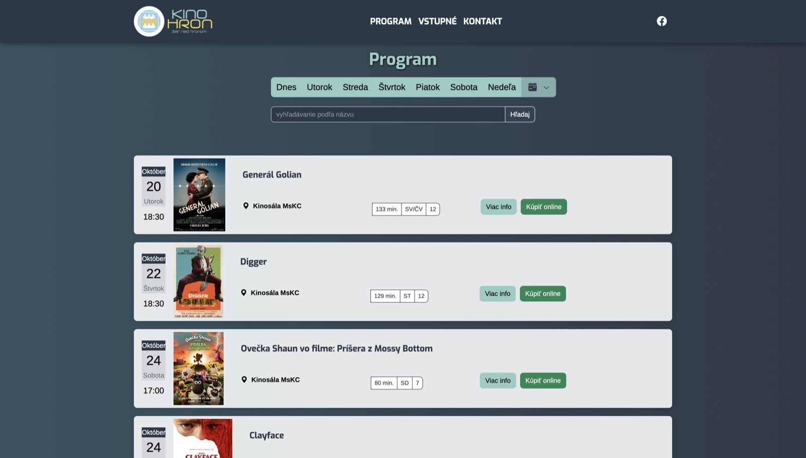 Program kina Hron s tlačidlom Kúpiť online